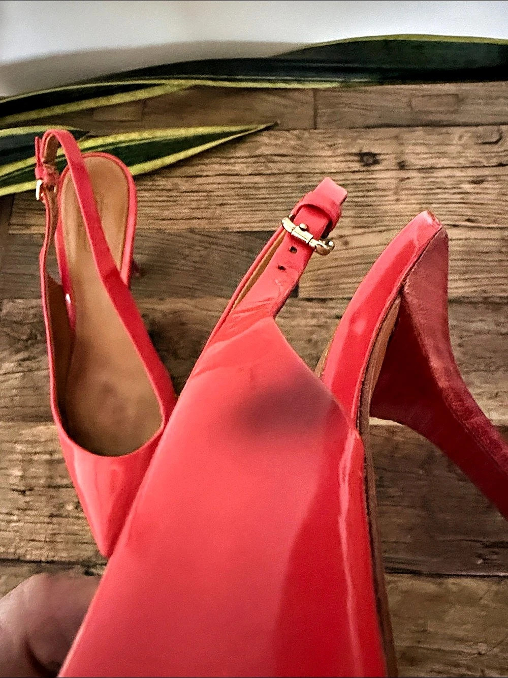 Coach- Lilly Patent Leather Pointed-Toe Slingback Heels in Coral w/wooden heel - Picture 9 of 9